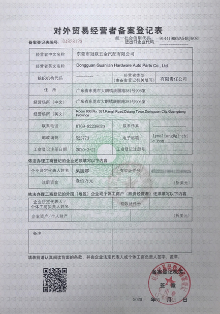 La Cina Dongguan Guanlian Hardware Auto Parts Co., Ltd. Certificazioni